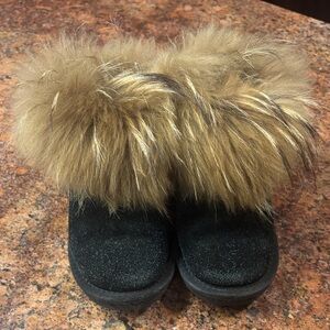 UGG Kids Black Boots with Tan Fur Trim